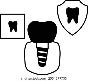 Dental Implant Artificial prosthetic tooth root concept, Replace Single titanium screwed teeth vector outline design, Odontology symbol, manual dexterity sign Dental treatment instrument illustration