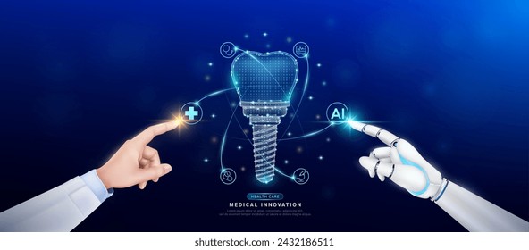 Dental implant in atom. Doctor and robot finger touching icon AI cross symbol. Health care too artificial intelligence cyborg or technology innovation science medical futuristic. Banner vector EPS10.