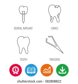 Dental implant, caries and tooth icons. Tweezers linear sign. Award medal, growth chart and opened book web icons. Download arrow. Vector