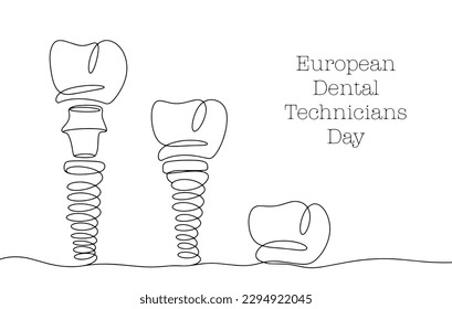 Implante dental. Diente colapsable. Implante dental para la restauración de la dentición. Día Europeo de Técnicos Dentales. Un dibujo de línea para diferentes usos. Ilustración vectorial.