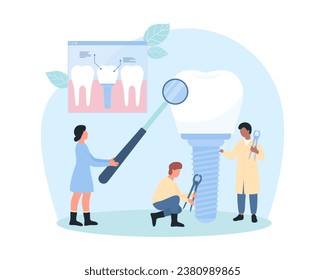 Dental implant, dentistry vector illustration. Cartoon tiny dentists and orthodontists with magnifying glass check tooth prosthesis with white crown and titanium screw, replacement procedure in clinic