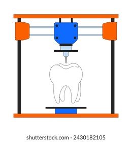 Dental implant denture on 3d printer 2D linear cartoon object. Additive manufacturing device isolated line vector element white background. Technology three-dimensional color flat spot illustration