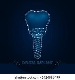 Dental implant in electronic form glowing between information connecting lines. Medical science of technology digital hi tech. Futuristic digital circuit board innovative health care. Vector EPS10.