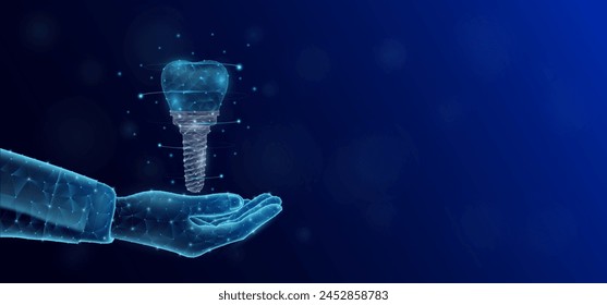 Dental implant floats in the nurse doctor hand. Human organ low poly polygon style. On dark blue background with empty copy space for text. Medical health care concept. Vector illustration.