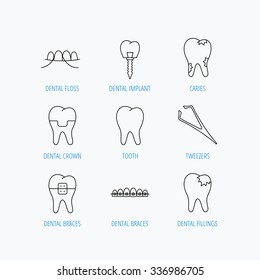 Dental implant, floss and tooth icons. Braces, fillings and tweezers linear signs. Caries icon. Linear set icons on white background.