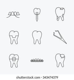 Dental implant, floss and tooth icons. Braces, fillings and tweezers linear signs. Caries icon. Linear black icons on white background.