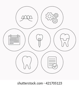 Dental implant, floss and tooth icons. Dental crown linear sign. Check file, calendar and cogwheel icons. Vector