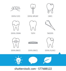 Dental implant, floss and tooth icons. Braces, fillings and tweezers linear signs. Caries icon. Light bulb, speech bubble and leaf web icons. Vector