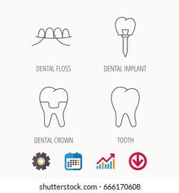 Dental implant, floss and tooth icons. Dental crown linear sign. Calendar, Graph chart and Cogwheel signs. Download colored web icon. Vector
