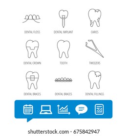 Dental implant, floss and tooth icons. Braces, fillings and tweezers linear signs. Caries icon. Report file, Graph chart and Chat speech bubble signs. Laptop and Calendar web icons. Vector