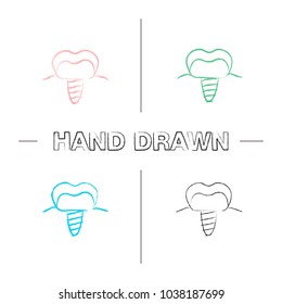 Dental implant hand drawn icons set. Endosseous implant. Color brush stroke. Isolated vector sketchy illustrations