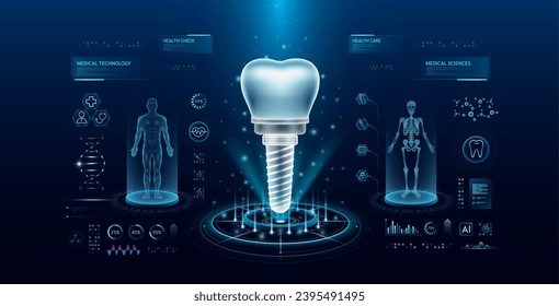 Dental implant health care technology with scan virtual interface hologram style. X ray and MRT human body examination. Medical diagnostic with HUD, UI, GUI. Analysis in futuristic laboratory. Vector.