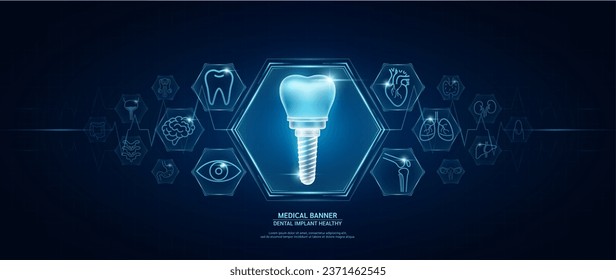 Zahnimplantation gesund. Symbole menschlicher Organe. Design-Vorlage für Medical Science-Banner. Gesundheitspflege medizinischer Check-up zu innovativer futuristischer digitaler Technologie. Untersuchungsorgan. Vektorgrafik.