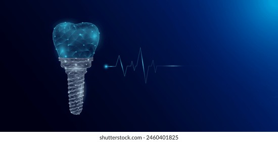 Implante dental anatomía de órganos humanos en forma de polígono bajo poli futurista y onda de pulso brillante. Anuncio de Plantilla de ciencias médicas con espacio vacío para texto. Ilustración del EPS10 del Vector.