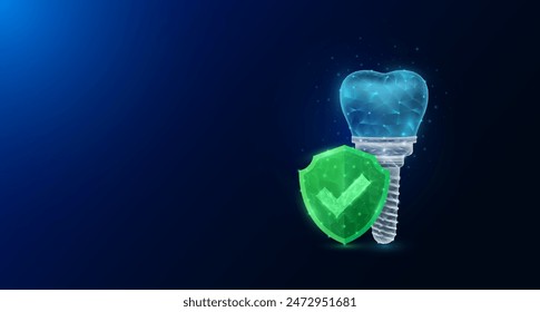 Implante dental anatomía de órganos humanos en estilo poligonal con marca de verificación en el escudo verde que brilla sobre fondo azul oscuro. Símbolo de protección de la ciencia médica. Anuncio espacio en blanco para texto. Vector.