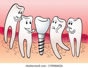 Dental implant. A humorous illustration. Color picture.