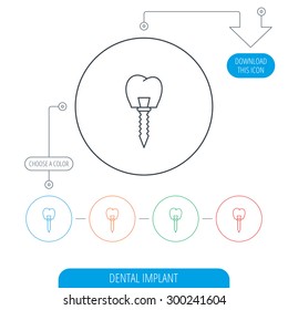 Dental implant icon. Oral prosthesis sign. Line circle buttons. Download arrow symbol. Vector