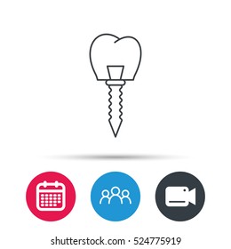Dental implant icon. Oral prosthesis sign. Group of people, video cam and calendar icons. Vector