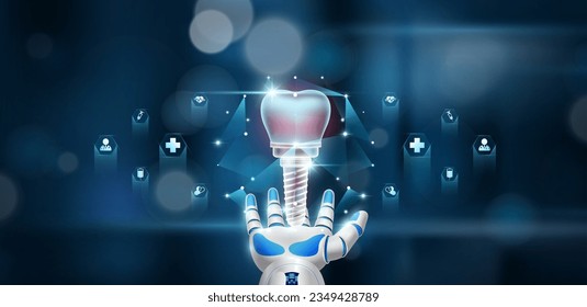 Dental implant inside cube float in doctor robot hand. Health care system innovative technology medical futuristic AI artificial intelligence cybernetic robotics. Bokeh light background. Vector.