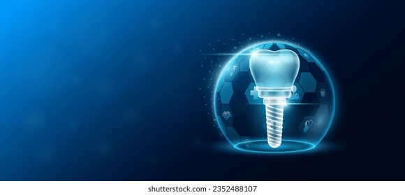 Implante dental en el interior de la cúpula protección protector ícono futurista y médico transparente. La innovación tecnológica y la atención de la salud. Banner del sitio web de anuncios de ciencia médica con espacio vacío para el texto. Vector.