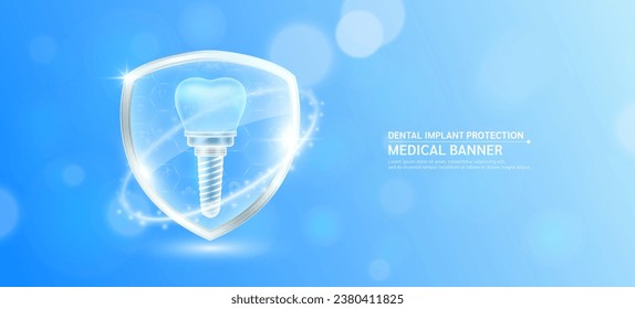 Implante dental dentro del escudo de vidrio brillante con símbolo de símbolo de icono médico sobre fondo de luces de boquilla azul. Traducción de órganos de anatomía humana. Protección de la inmunidad de la innovación en la atención médica. Vector.