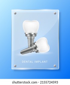 Dental implant inside square translucent glass panels for pharmacy advertisement. Poster banner design for clinics, hospital. Medic science concept. Realistic 3D Vector EPS10. 