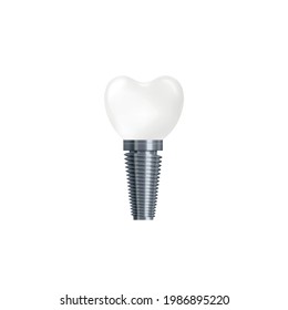 Dental implant isolated on white background - realistic white ceramic tooth with silver metal screw, vector illustration of medical prosthesis.