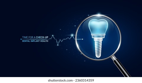 Dental implant in magnifying glass with scan search and blue glowing neon heart pulse. Health care and medical check up too innovative digital technology. Body health checkup examining organ. Vector.