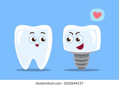Dental implant . Normal tooth and artificial tooth cartoon character illustration . Vector .