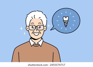 Dental implant for older men visiting dentist or orthodontist to improve oral health. Pensioner smiles and rejoices at installation dental implant after appearance of caries making eating unpleasant