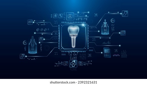 Órganos implantes dentales humanos en la placa de circuito del procesador de microchips. Interfaz HUD y holograma. Tratamiento moderno medicina futura. Análisis innovador de la atención de salud de la tecnología digital de alta tecnología de IA. Vector.