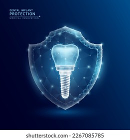 Dental implant organ translucent low poly triangle inside shield futuristic glowing. On dark blue background. Immunity protection medical innovation concept. Vector EPS10.