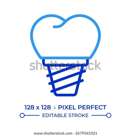 Dental implant pixel perfect two color line icon. Stomatological service, medicine. Professional dentistry bicolor outline symbol. Duotone linear pictogram. Isolated illustration. Editable stroke