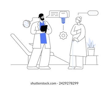 Zahnimplantatplatzierung abstraktes Konzept Vektor-Illustration. Der Arzt erzählt dem Patienten von Zahnimplantaten in der modernen Stomatologie Klinik, Oralmedizin, Prothetik Sektor abstrakte Metapher.