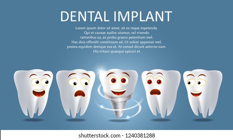 Dental implant poster banner template. Vector realistic illustration. Healthy human teeth and tooth prosthesis. Tooth restoration replacement concept.