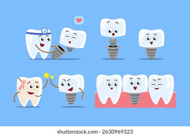 Dental implant procedure . Teeth cartoon characters . Dentist and artificial tooth . Isolated on blue background . Vector .