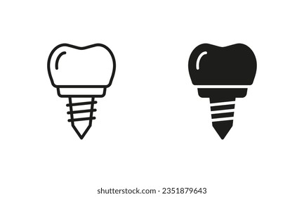 Dental Implant Screw Silhouette and Line Icons Set. Tooth Care and Restoration Pictogram. Oral Medicine, Denture Technology. Dental Treatment Black Symbol Collection. Isolated Vector Illustration.