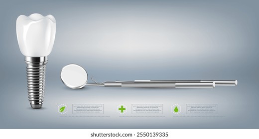 Implante dentário estrutura médica pictórico educativo infográfico cartaz com substituição molar fim ferramentas saudáveis modelos ilustração vetorial.