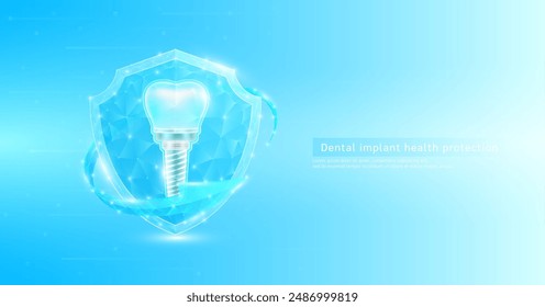 Implante dental estilo poligonal en escudo brillante rodeado de flechas azules. Símbolo de protección de la ciencia médica. Concepto de atención médica. Vector de Anuncio EPS10.