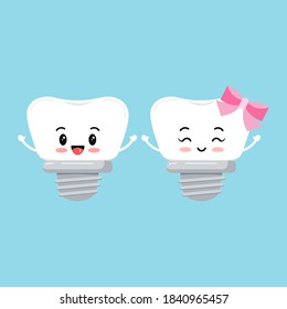 Dental implant tooth orthodontist icon set isolated on background. Cute smilling teeth with implant prosthesis boy and girl sign. Vector flat design cartoon style baby dentistry character illustration