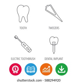 Dental implant, tooth and tweezers icons. Electric toothbrush linear sign. Award medal, growth chart and opened book web icons. Download arrow. Vector