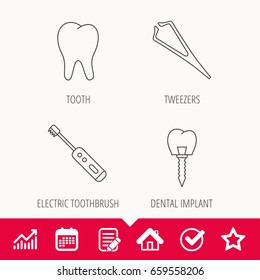 Dental implant, tooth and tweezers icons. Electric toothbrush linear sign. Edit document, Calendar and Graph chart signs. Star, Check and House web icons. Vector