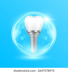 Dental implant in transparent hexagonal bubble dome modern on blue background. Human tooth organ. Dentist or dentistry medical health care and protection. 3D Vector EPS10.