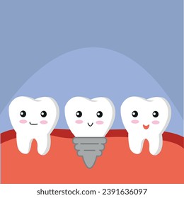 Dental Implant Vector Illustration. Cartoon drawing tooth. Vector Dental Illustration Isolated on Blue.