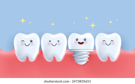 Dental implant vector Illustration. orthopedic treatment modern method. advertising of dental care products. horizontal concept on blue background