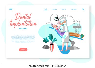 Dental implantation webpage template. Patient and doctor in dentistry office cartoon characters. Stomatologist appointment, man in dentist chair isolated clipart. Stomatology, orthodontics