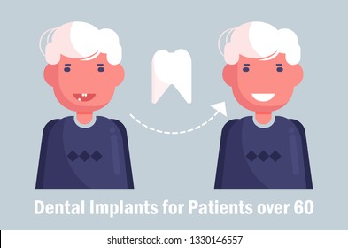 Dental implants for the elderly Vector. Cartoon. Isolated art