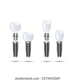 Dental implants incisor and molar components with metal thread realistic 3d vector objects isolated on white, abutment and ceramic crown. Dentistry tools for oral health and prosthetic restoration.