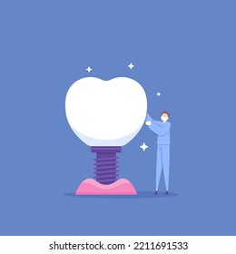 dental implants. the procedure of implanting artificial tooth roots that are shaped like bolts in the jaw to support the crown of an artificial tooth. a dentist inserts a denture into the gums