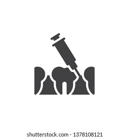 Dental injection vector icon. Syringe and anesthetizing teeth filled flat sign for mobile concept and web design. Dental anesthesia glyph icon. Symbol, logo illustration. Pixel perfect vector graphics